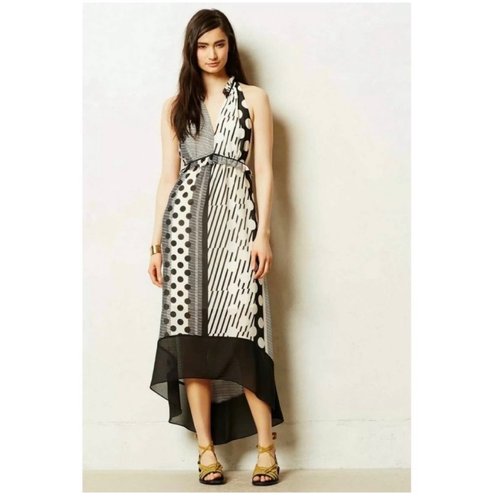 Anthropologie Maeve Channeled Dot Maxi Dress in Black / White